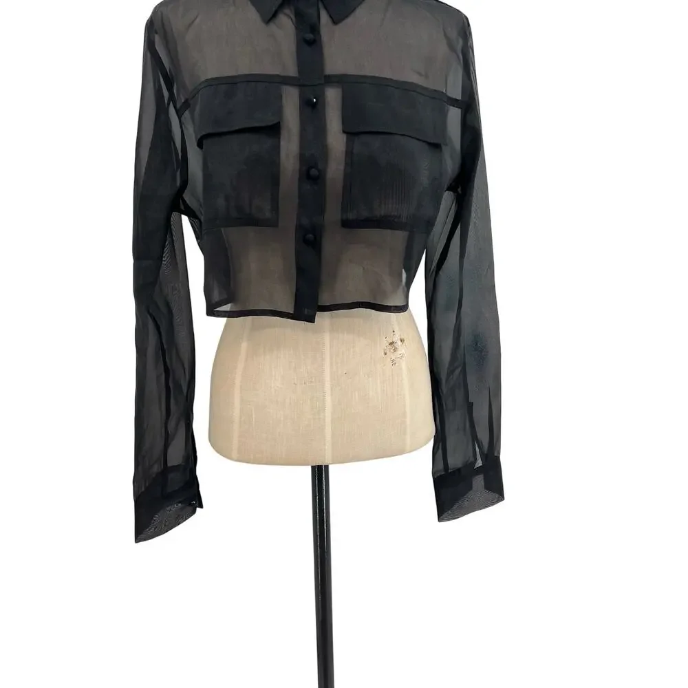 Meshki Elaina Sheer Button Up Cropped Shirt Black Organza Top Womens Size Small - Picture 4 of 9